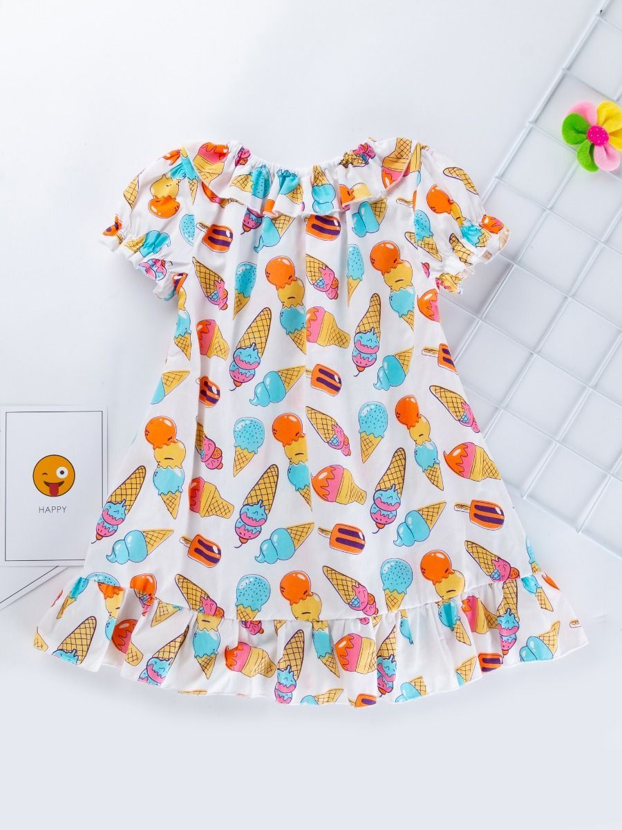 Cute Baby Little Girl Clothes Ice-cream Print Ruffle Dress with Headband - dianjiang-