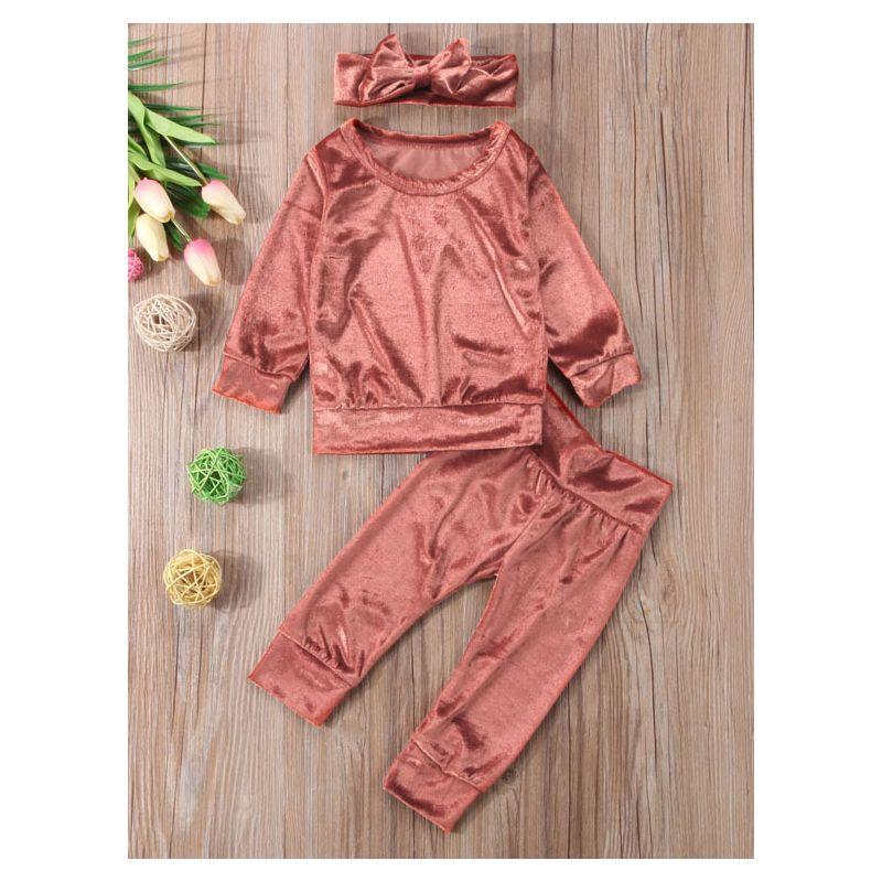 3-piece Pink Outfits Set Indoor Solid Color Velvet Clothes Pullover and Pants and Headband - dianjiang-