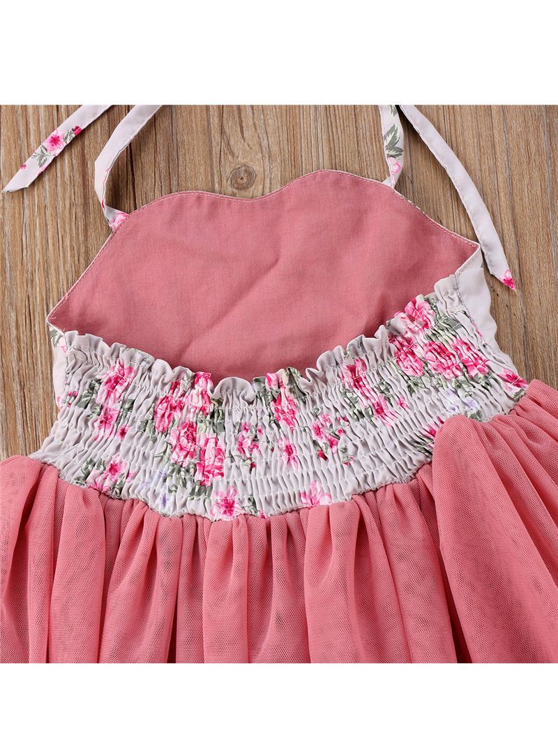 Lace Up Dress Tulle Patchwork Flower Halter Neck Party Dress - dianjiang-