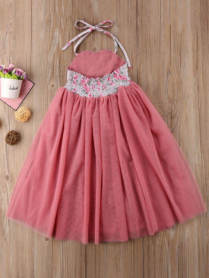 Lace Up Dress Tulle Patchwork Flower Halter Neck Party Dress - dianjiang-