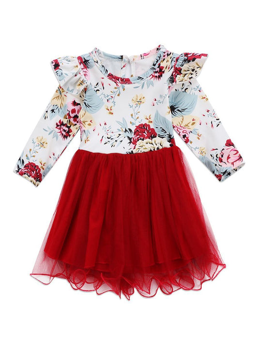 Spring Tulle Patchwork Flutter Long-sleeved Princess Party Dress for Infant Little Girls - dianjiang-