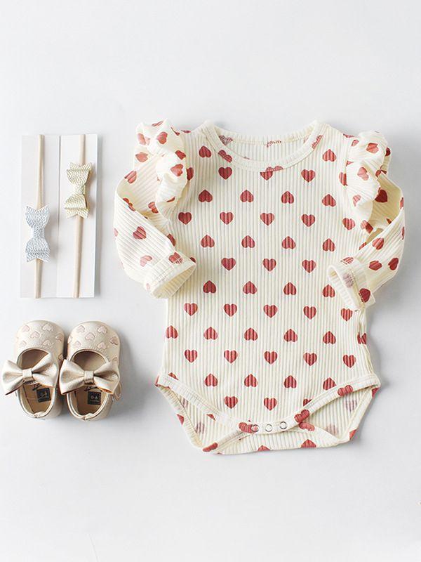 Spanish Style Bodysuit Long Flutter Sleeve Love Heart Print Baby Romper - dianjiang-