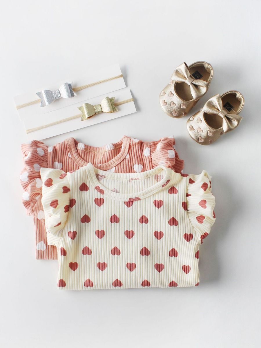 Spanish Style Bodysuit Long Flutter Sleeve Love Heart Print Baby Romper - dianjiang-