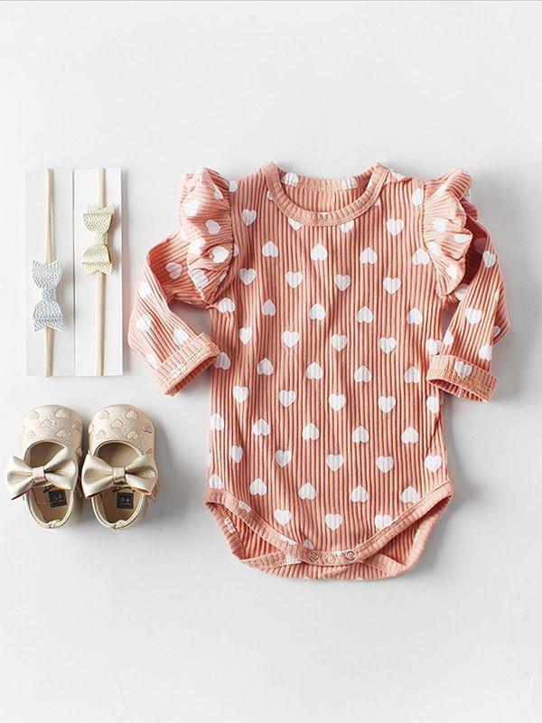 Spanish Style Bodysuit Long Flutter Sleeve Love Heart Print Baby Romper - dianjiang-