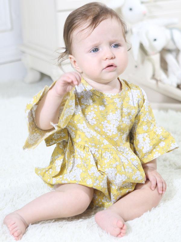 Floral Short Bell-sleeve Baby Girl Bodysuit Bow Onesie - dianjiang-