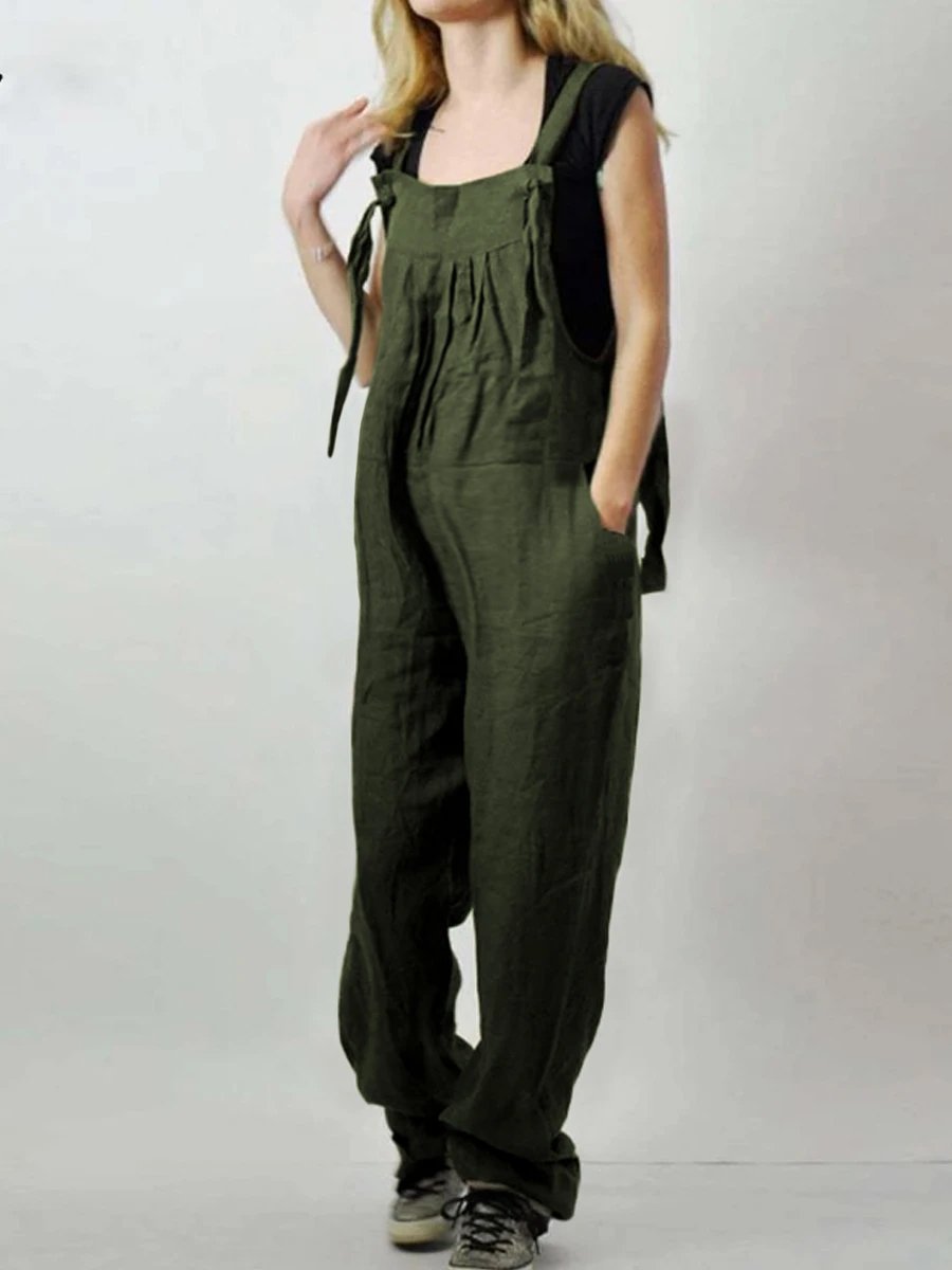 Maternity Cotton And Linen Adjustable Lace-Up Jumpsuit - dianjiang-