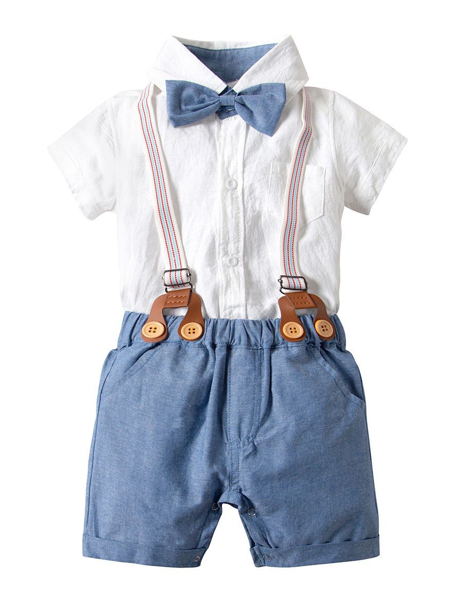 Cotton Babywear 4-Piece Outfits Set Short Sleeve Button Down White Bodysuit and Adjustable Shoulder Straps Shorts and Bow Tie - dianjiang-