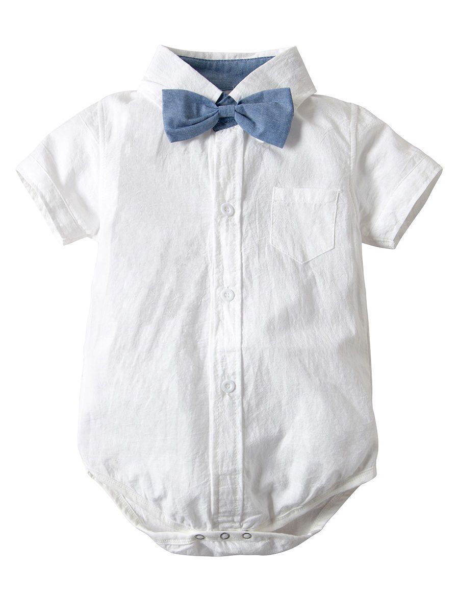 Cotton Babywear 4-Piece Outfits Set Short Sleeve Button Down White Bodysuit and Adjustable Shoulder Straps Shorts and Bow Tie - dianjiang-