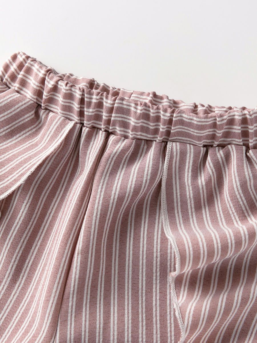 Summer Clothes Outfits Set Short Flutter Sleeve Pink Blouse Top + Frilled Striped Pants - dianjiang-