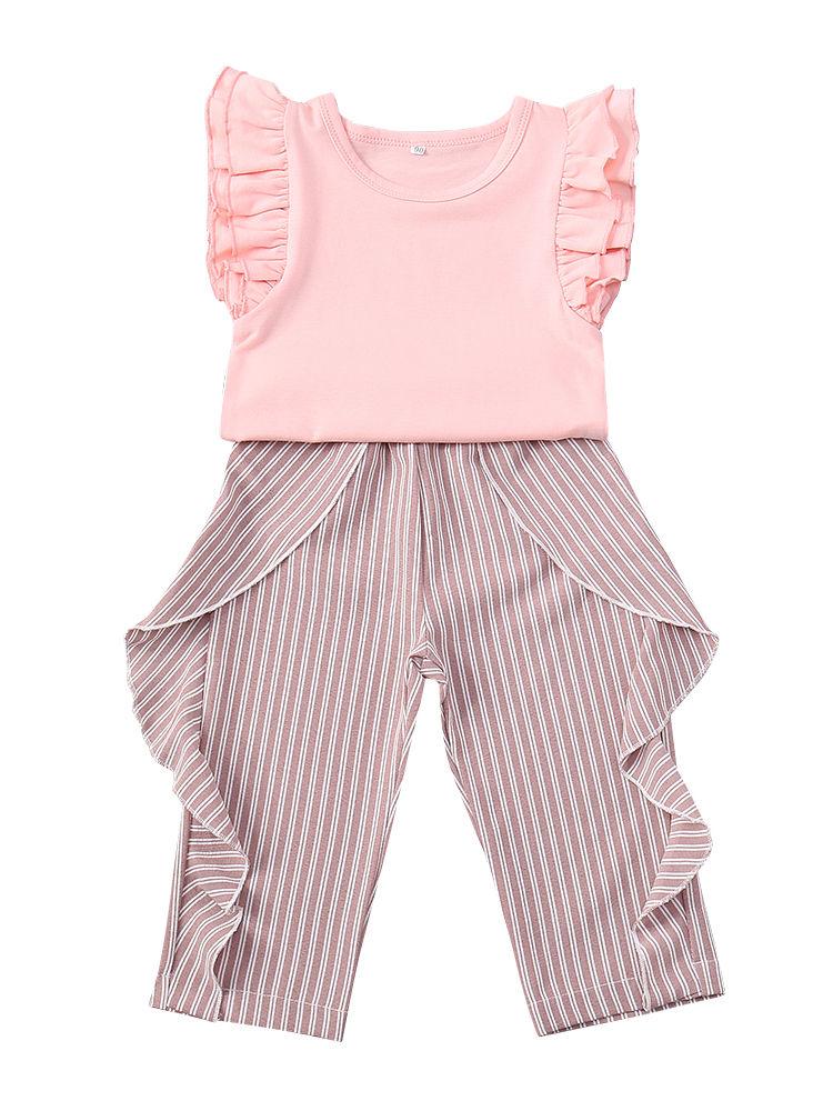 Summer Clothes Outfits Set Short Flutter Sleeve Pink Blouse Top + Frilled Striped Pants - dianjiang-