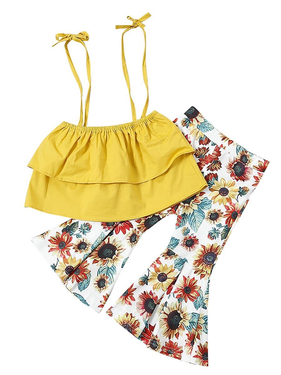 Sunflower 2-Piece Outfits Set Infant Toddler Big Girl Yellow Crop Top and Flower Flared Trousers Fashion - dianjiang-