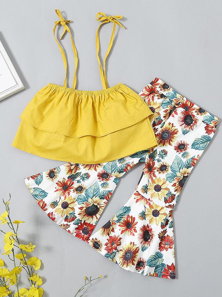 Sunflower 2-Piece Outfits Set Infant Toddler Big Girl Yellow Crop Top and Flower Flared Trousers Fashion - dianjiang-