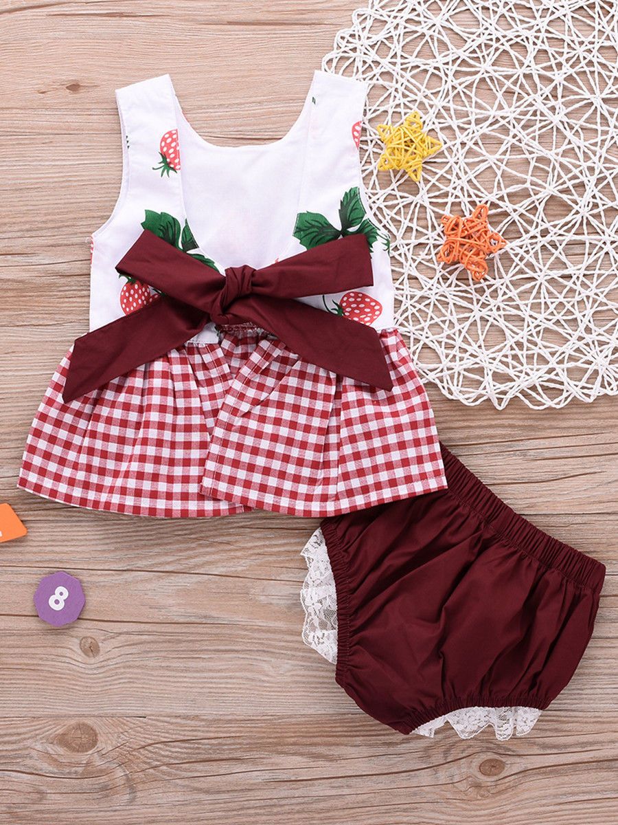 Sleeveless Strawberry Checked Dress+Lace-trimmed Bread Pants for Baby Little Girl - dianjiang-