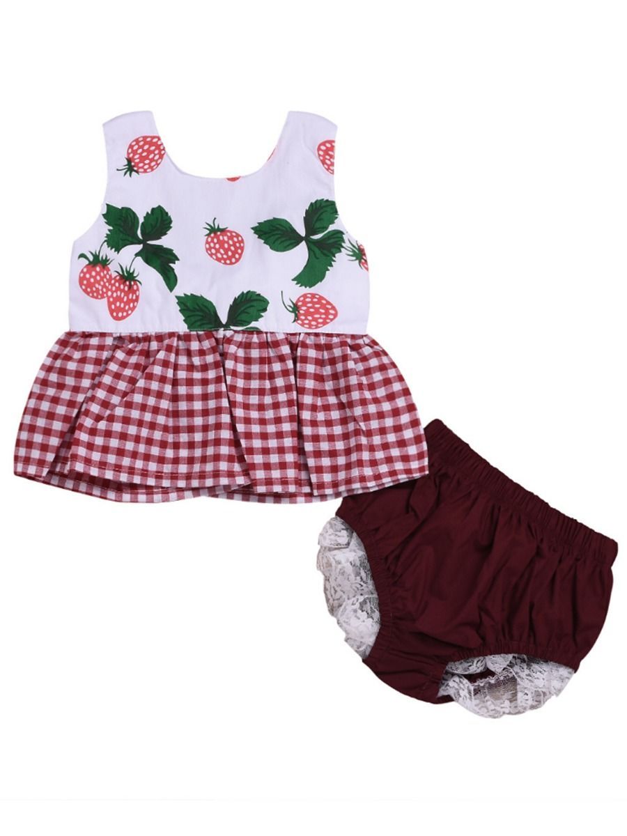 Sleeveless Strawberry Checked Dress+Lace-trimmed Bread Pants for Baby Little Girl - dianjiang-