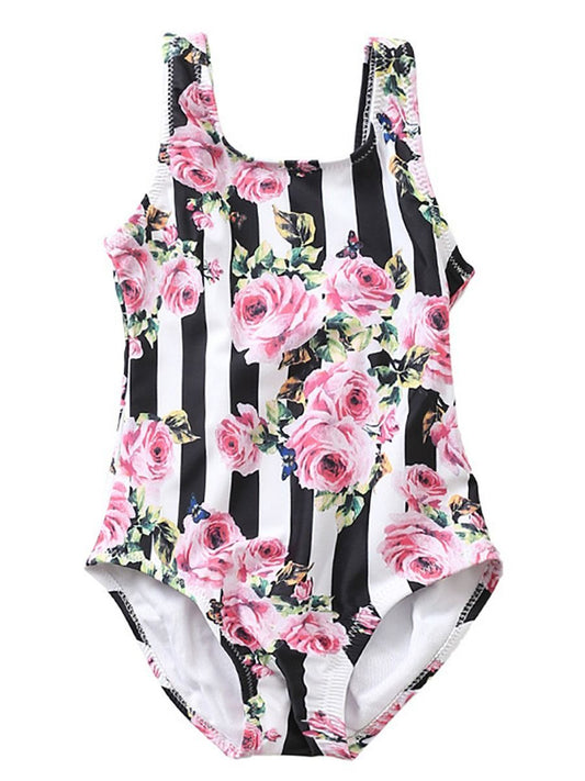 Baby Little Kids Stripe Frilled Flower One-Piece Swimwear - dianjiang-