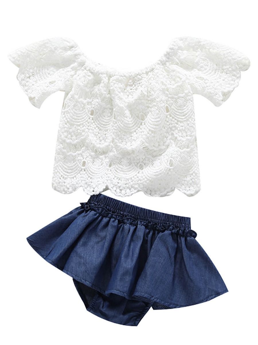 Summer Infant Little Girl Outfits Set White Flower Pierced Lace Top +Panties - dianjiang-