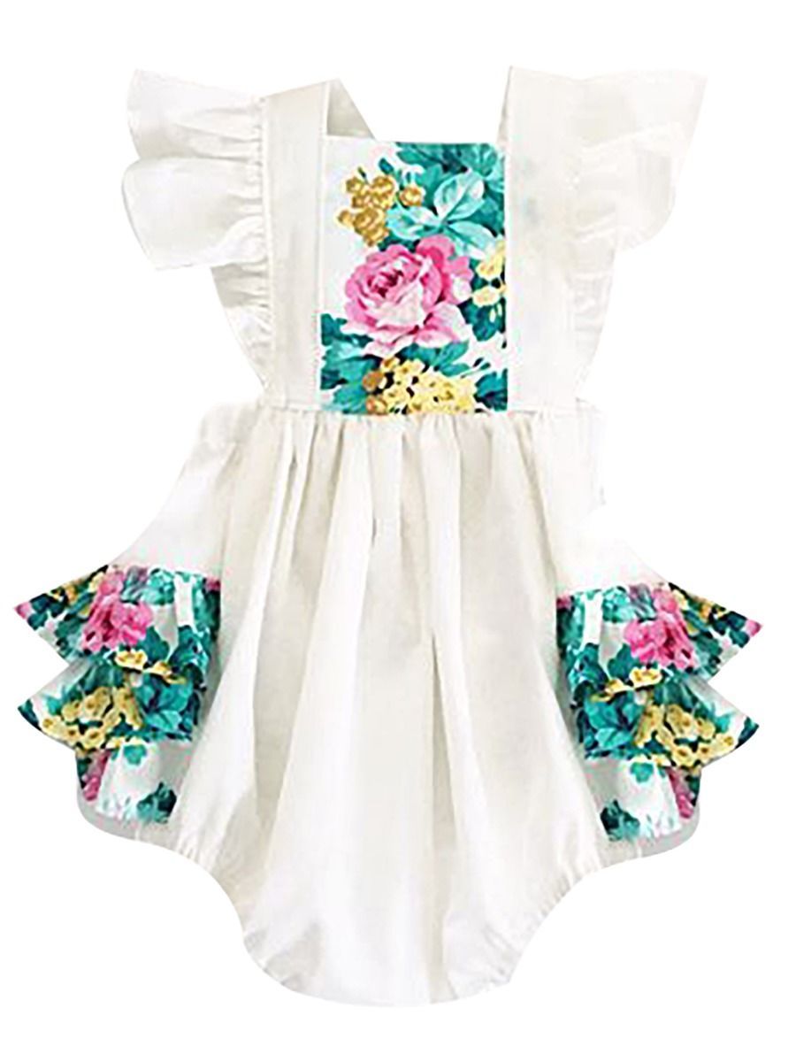 Summer Flower Print Flutter Sleeve Baby Playsuit Onesie - dianjiang-