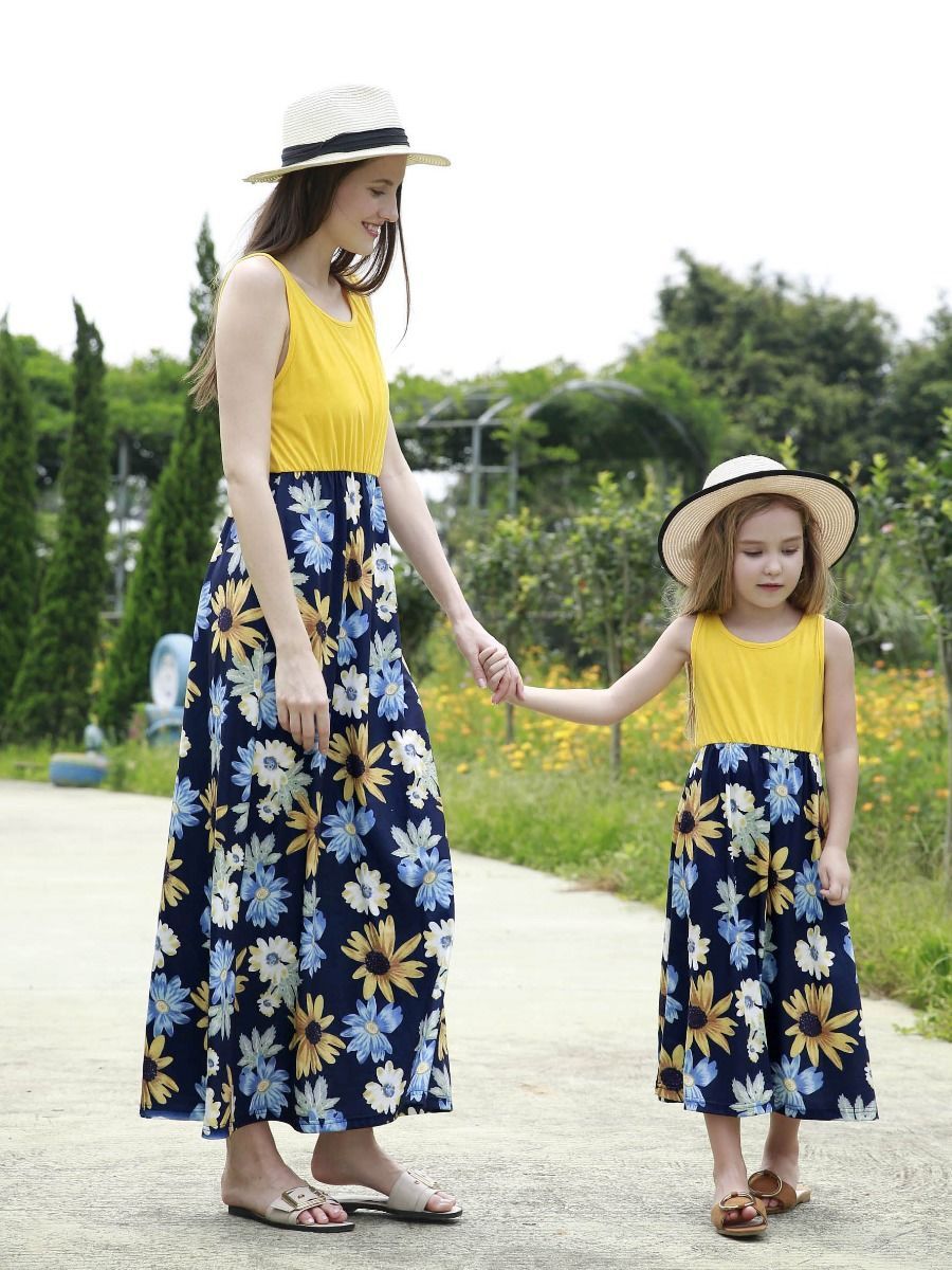 Mom and Me Summer Collection Patchwork Flower Sleeveless Casual Long Dress - dianjiang-