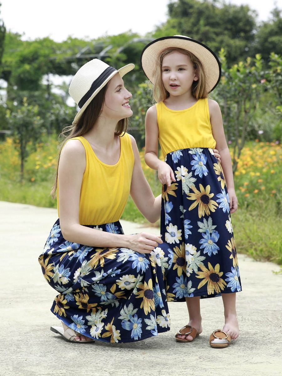 Mom and Me Summer Collection Patchwork Flower Sleeveless Casual Long Dress - dianjiang-