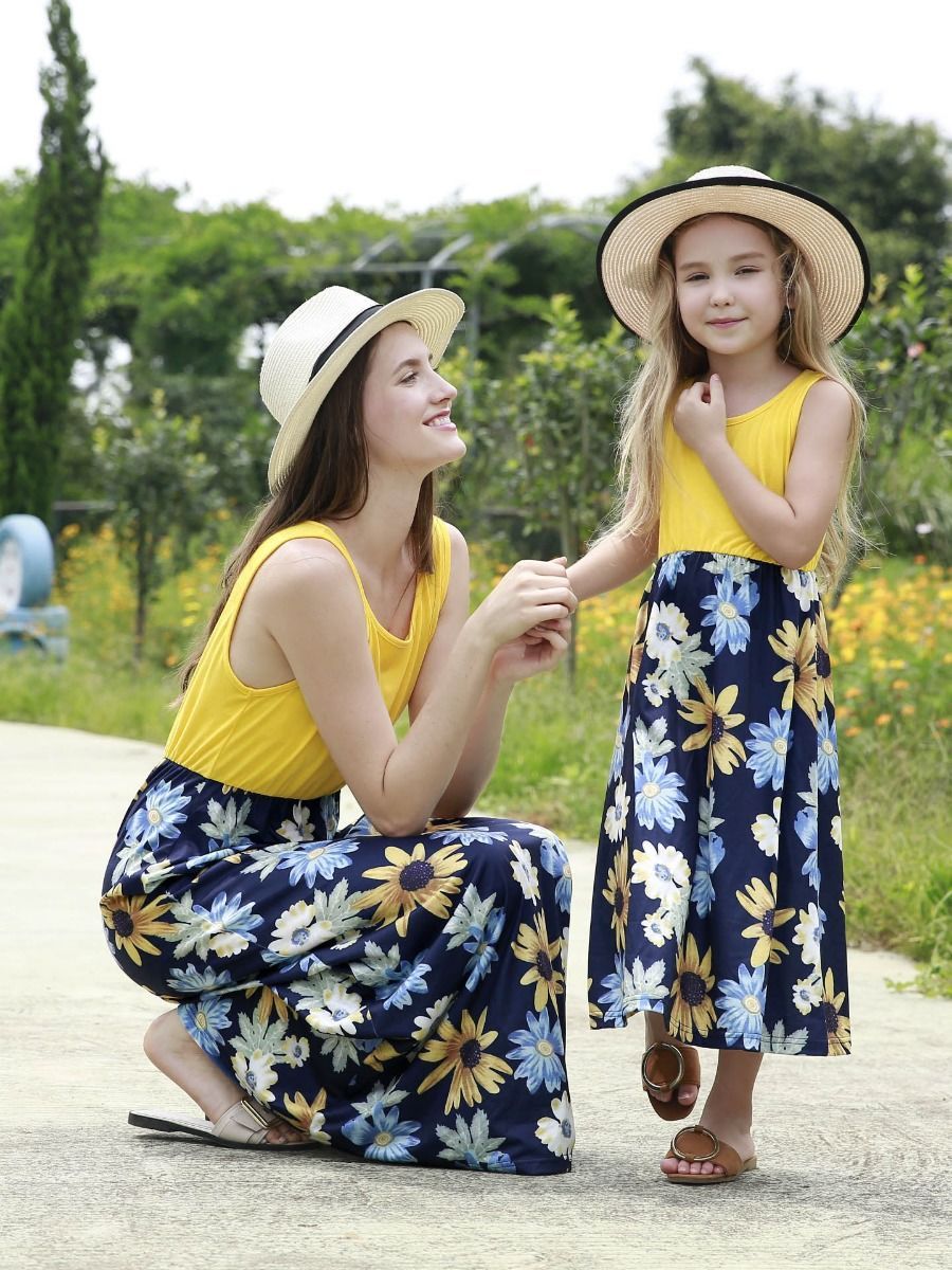 Mom and Me Summer Collection Patchwork Flower Sleeveless Casual Long Dress - dianjiang-