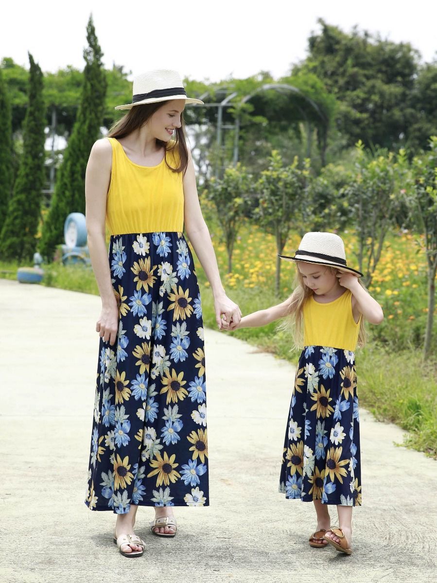 Mom and Me Summer Collection Patchwork Flower Sleeveless Casual Long Dress - dianjiang-