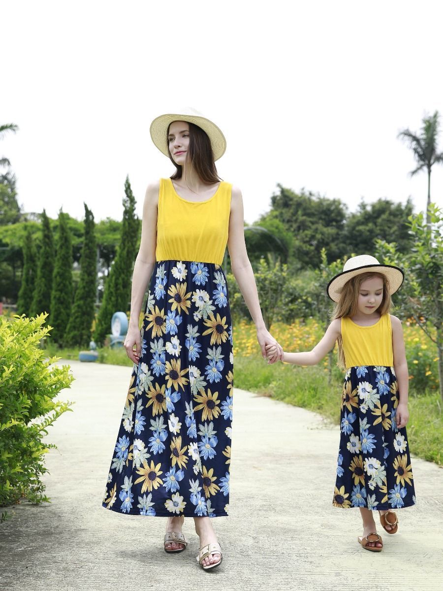 Mom and Me Summer Collection Patchwork Flower Sleeveless Casual Long Dress - dianjiang-