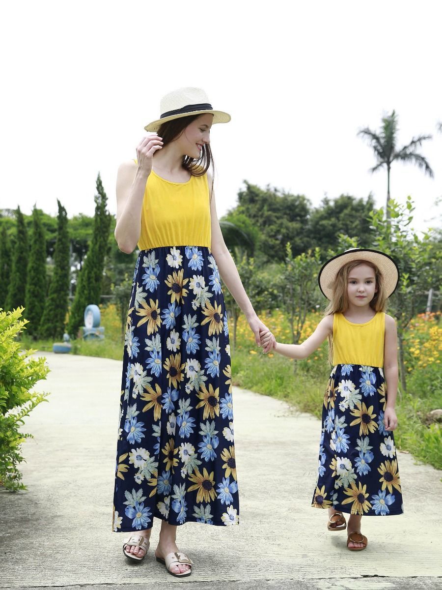 Mom and Me Summer Collection Patchwork Flower Sleeveless Casual Long Dress - dianjiang-