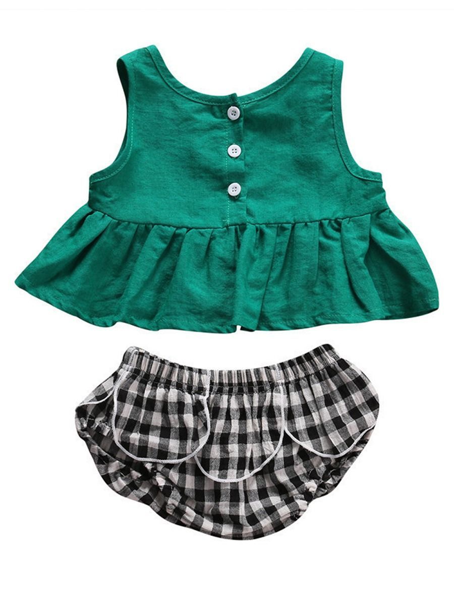 Green Sleeveless Top +Checked PP Pants 2-Piece Set Infant Baby Little Girl - dianjiang-