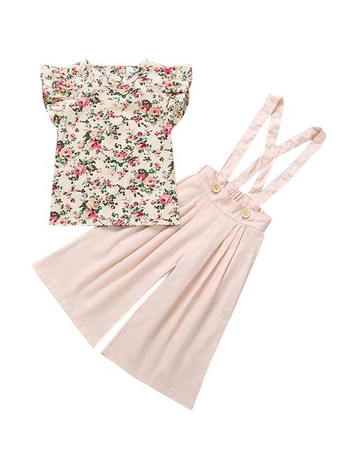 2-Piece Baby Short Flutter Sleeve Floral T-shirt + Suspender Loose Pants - dianjiang-