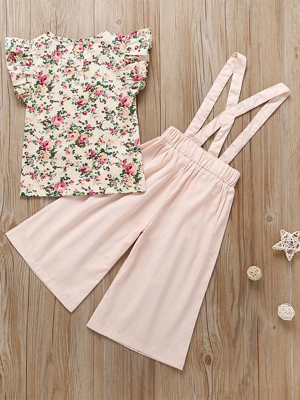 2-Piece Baby Short Flutter Sleeve Floral T-shirt + Suspender Loose Pants - dianjiang-