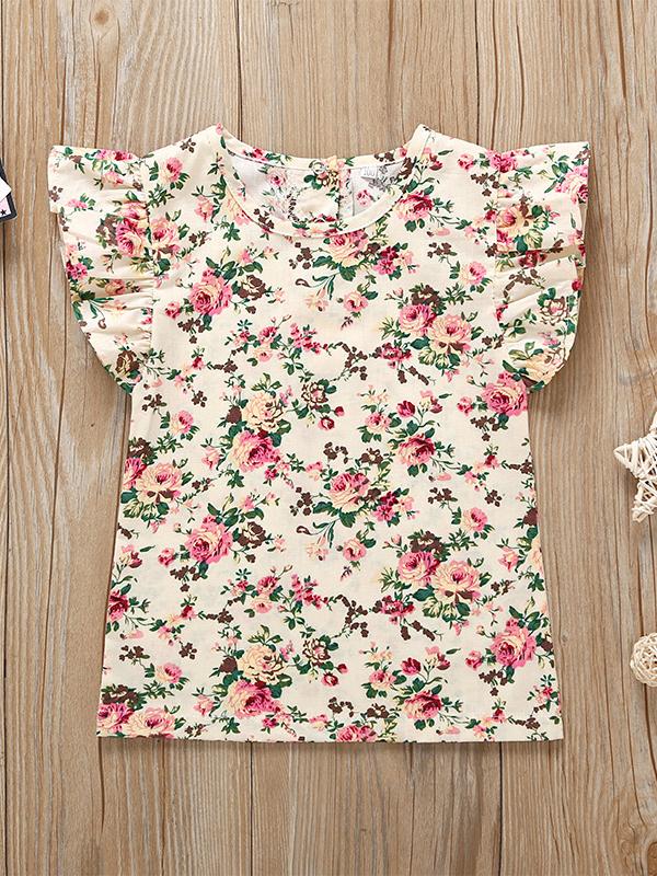 2-Piece Baby Short Flutter Sleeve Floral T-shirt + Suspender Loose Pants - dianjiang-