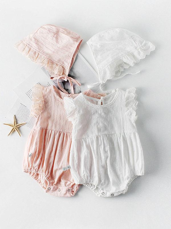 Spanish Style Short Flutter Sleeved Solid Color Baby Romper with Frilled Hat Pink/White - dianjiang-