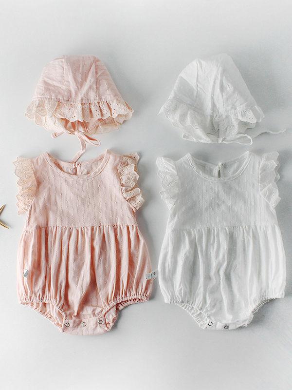 Spanish Style Short Flutter Sleeved Solid Color Baby Romper with Frilled Hat Pink/White - dianjiang-