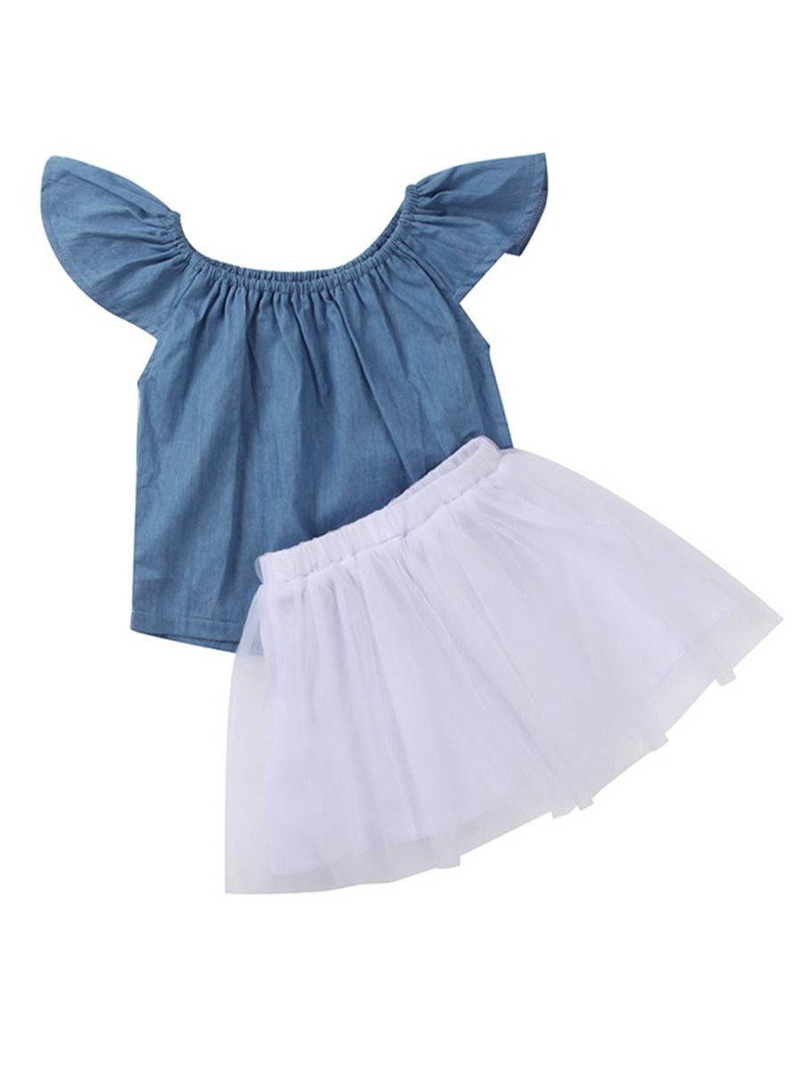 Baby Little Girl Clothes Outfits Off-shoulder Flutter Sleeve Denim Top + White Mesh Skirt - dianjiang-