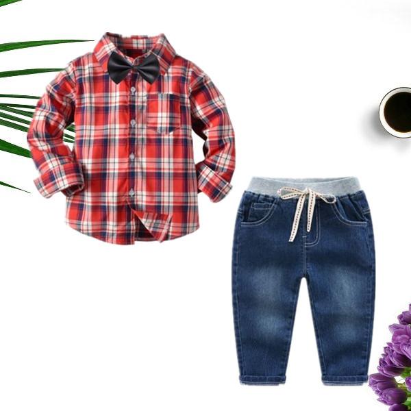 Spring 3-Piece Toddler Boy Gingham Shirt with Tie and Jeans - dianjiang-