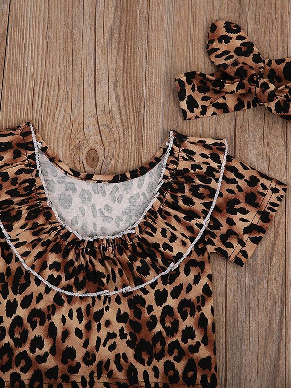 4-Piece Stylish Clothes Outfits Leopard Print T-shirt+Short Pants with Belt+Headband - dianjiang-