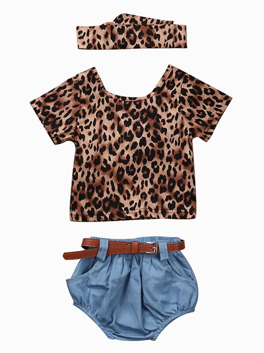 4-Piece Stylish Clothes Outfits Leopard Print T-shirt+Short Pants with Belt+Headband - dianjiang-