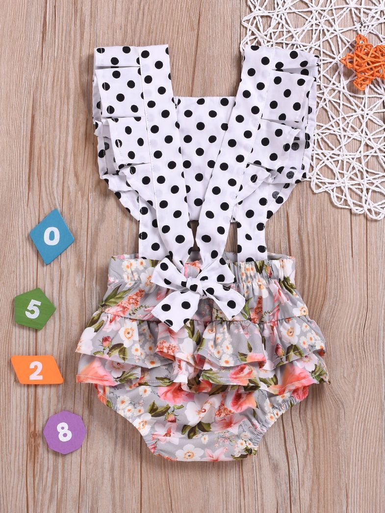 Polka Dots Flower Frilled Bodysuit Baby Girl Summer Romper - dianjiang-