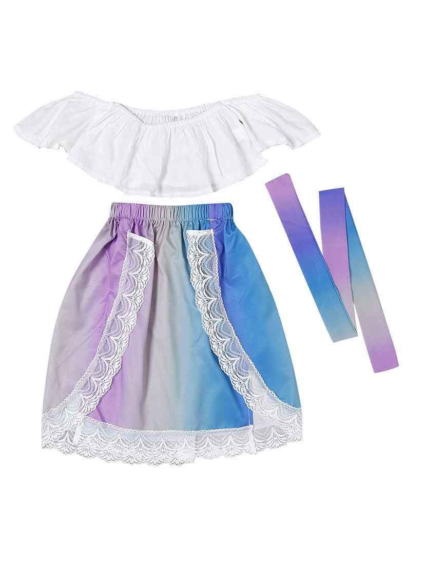 Stylish Infant Little Girl Clothes White Off Shoulder Top+ Lace Colorful Skirt+Headband Outfits - dianjiang-