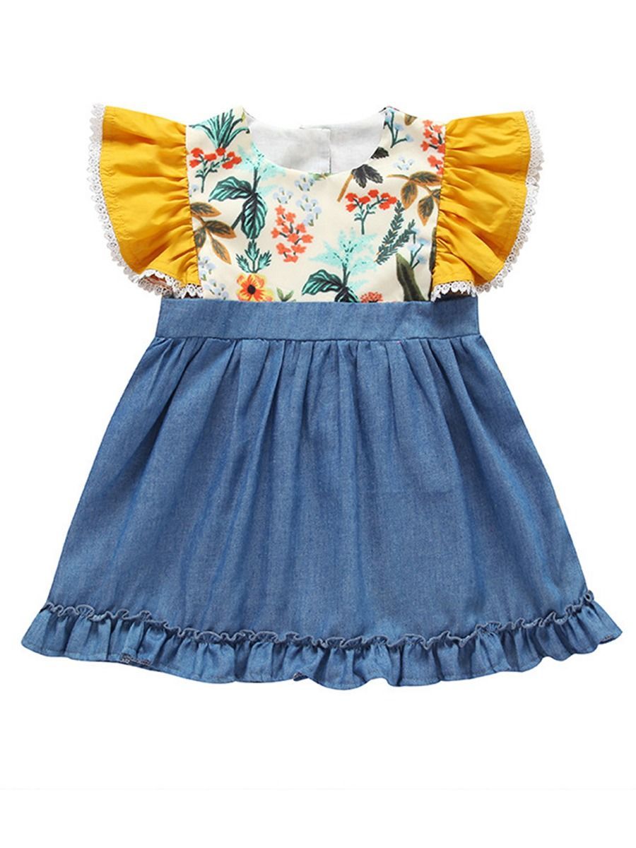 Summer Flutter Sleeve Denim Patchwork Ruffle  Little Girl Dress - dianjiang-