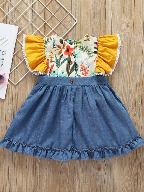 Summer Flutter Sleeve Denim Patchwork Ruffle  Little Girl Dress - dianjiang-