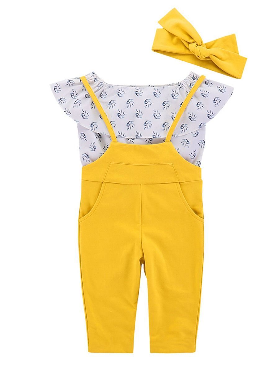 3-Piece Outfits Baby Little Girl Top+Yellow Suspender Pants+Bow Headband - dianjiang-