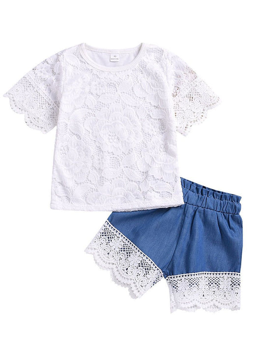 2-Piece Clothes Set White Pierced Flower T-shirt+Lace-trimmed Short Pants - dianjiang-