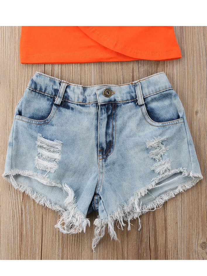 2-Piece One Shoulder Ruffle Crop Top+Ripped Short Jeans for Summer Baby Little Girl - dianjiang-