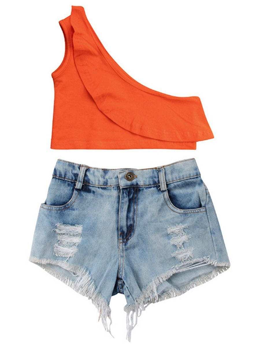 2-Piece One Shoulder Ruffle Crop Top+Ripped Short Jeans for Summer Baby Little Girl - dianjiang-