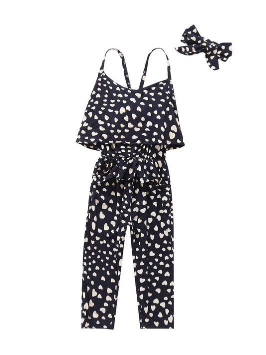 Big Girl Fashion Polka Dots /Love Heart Print Jumpsuit Matching Headband - dianjiang-