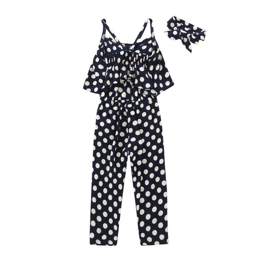 Big Girl Fashion Polka Dots /Love Heart Print Jumpsuit Matching Headband - dianjiang-