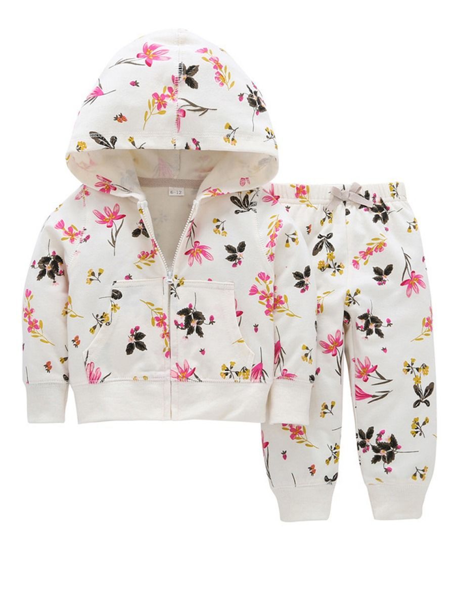 Spring Baby Girl Flower 2-Piece Outfits Hooded Jacket+Pants - dianjiang-