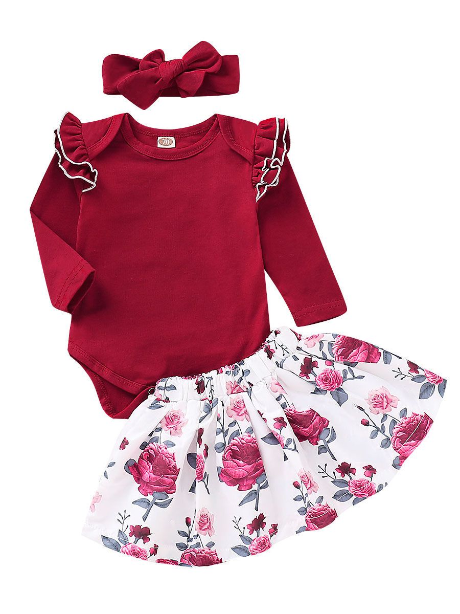 3-Piece Outfits Long Flutter Sleeve Bodysuit+Flower Skirt+Red Bow Headband Spring Baby Girl Clothes - dianjiang-