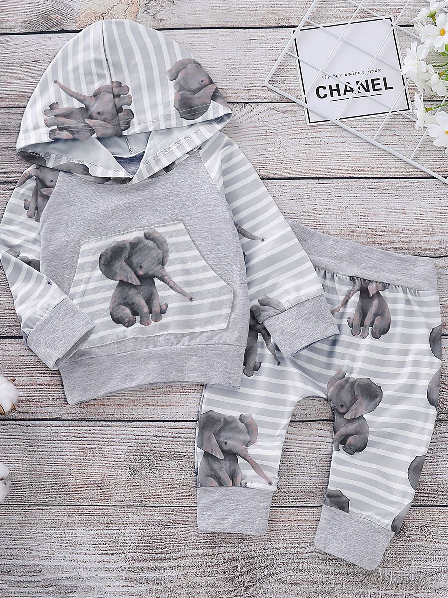 Stripe Elephant Outfits Hooded+Pants 2-Piece Spring Baby Boy Clothes - dianjiang-